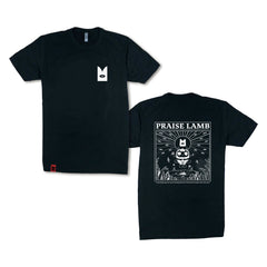 //merch.devolverdigital.com/cdn/shop/products/Praise-Lamb_white-on-black_tshirt_comp-render_1024x1024.jpg?v=1674818622 Cult of the Lamb Praise Lamb T-Shirt (Black)